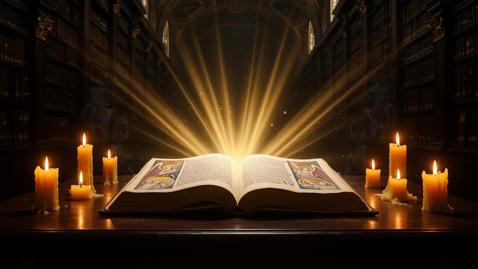 Mãos segurando manuscrito antigo com luz dourada